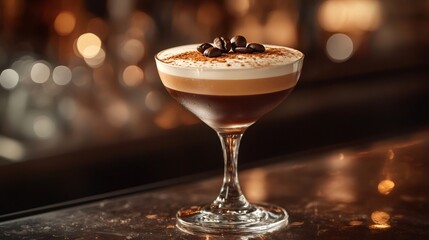 Espresso martini cocktail is garnished with coffee beans and sits on bar with warm bokeh background
