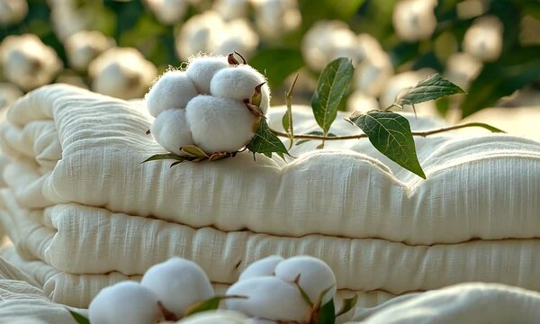 Soft cotton fabric stacked neatly with cotton bolls and leaves in a serene outdoor setting
