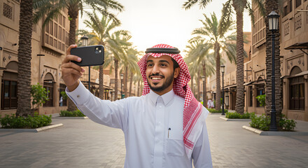 arab saudi man taking selfie with smart phone in street