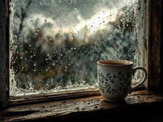 Window with raindrops and cozy atmosphere, white cup with hot drink on wooden windowsill, peaceful rainy day mood