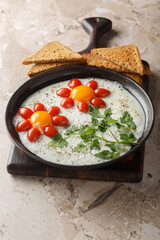 Children's breakfast of fried eggs, cherry tomatoes and parsley in the shape of a flower close-up in a plate on the table. Vertical