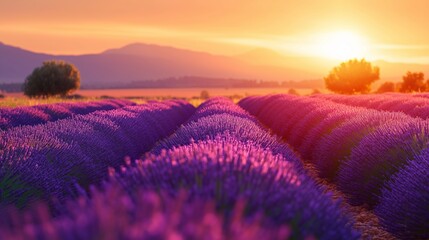 Fototapeta premium The golden sunset in the lavender field
