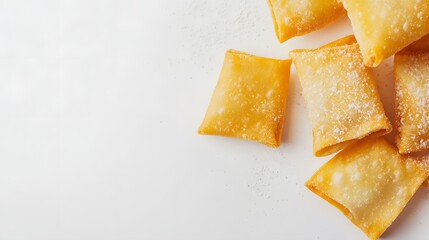 Delicious fried pastries with powdered sugar on white background
