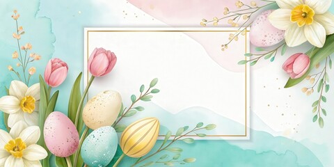 a festive Easter-themed arrangement with pastel eggs, tulips, daffodils, and elegant floral decoration. The design is light and airy.