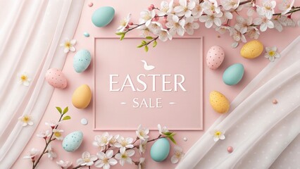 Easter sale banner with colorful eggs and spring blossoms, perfect for promoting seasonal deals 