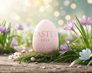 Easter egg with the text &ldquo;EASTER SALE&rdquo; standing in a grassy environment with colorful flowers