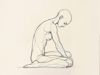Sketch of a bald woman sitting on knees in a thoughtful pose with minimalistic lines and neutral background