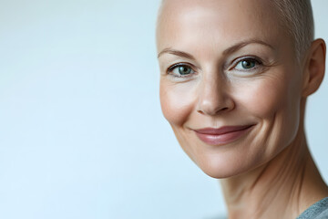 Positive mature woman with a shaved head smiling isolated on white background. Recovering after chemotherapy