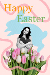 Sketch image trend collage of happy easter poster young lady hand hold heart shape gift tulip eggs religion seasonal spring holiday feast