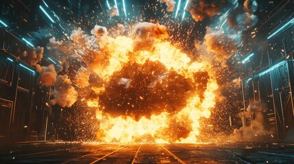 Dynamic Explosion in Futuristic Digital Environment with Bright Flames