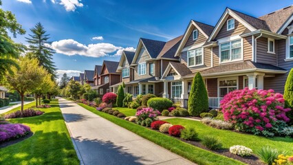 A serene suburban street lined with identical two-storey residential houses, each with a neatly manicured lawn and blooming flowers , domesticity , quiet neighborhood