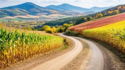 Naklejka premium A road runs through a field of corn and other crops