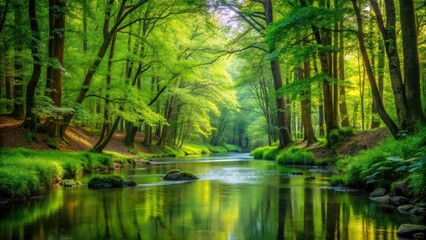 Fototapeta premium A peaceful stream flows gently through a dense forest surrounded by tall trees and vibrant green foliage, creating a soothing atmosphere that invites relaxation , natural beauty, serene stream