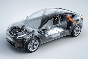 Futuristic transparent electric car cutaway diagram showcasing advanced technology and design