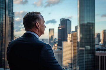 Fototapeta premium Corporate Leader Observing City Skyline From High-Rise Office During Late Afternoon