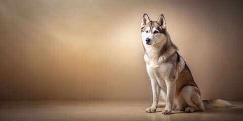A Siberian Husky dog sits isolated on a warm beige colored background with a subtle gradient effect giving it an ethereal atmosphere, husky dog, isolation