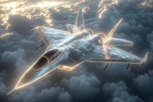 Futuristic wireframe jet fighter equipped with missiles soaring through the clouds at sunset
