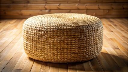 Natural fiber round pouf with a woven jute and seagrass texture, placed on a wooden floor with a warm lighting effect, showcasing its organic and earthy feel, , round pouf
