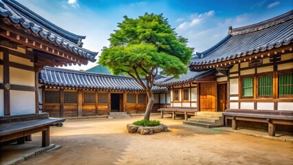 Naklejka premium Serene courtyard surrounded by traditional Korean architecture with a small tree and eastern dormitory in Byeongsan Seowon, traditional building, east asian architecture