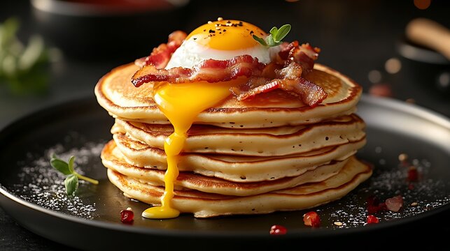 Professional studio photograph of ultra-realistic fluffy pancakes stacked elegantly, topped with perfectly crispy bacon strips, a delicately poached egg with soft yolk spilling,