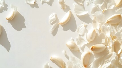 Cloves of garlic and paperthin skin scattered on white surface