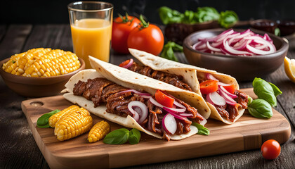 Delicious Pulled Pork Tacos on Wooden Board