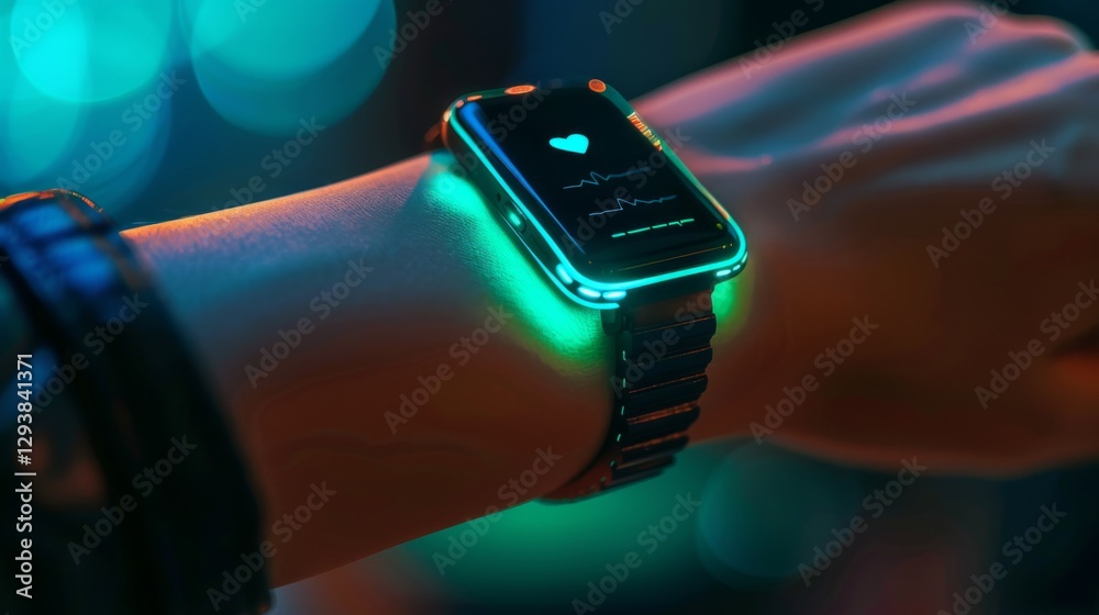 Poster A smartwatch shows heart rate measurements while worn on a wrist, with vibrant colors illuminating the display at night, emphasizing health tracking features.