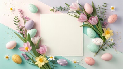 easter eggs and flowers, a festive and colorful spring background with decorated eggs and flowers. The square paper in the center leaves room for text or a message.