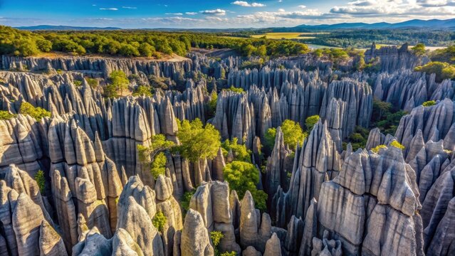 Tsingy de Bemaraha limestone canyons with sharp peaks and unique karst formations, resembling a network of needles, in Madagascar's Ankarana region , geological formation, tsingy