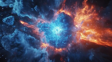 Cosmic Explosion in Blue and Orange Colors with Clouds and Stars
