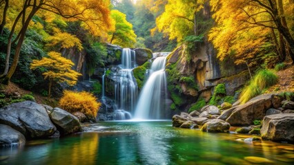 Fototapeta premium Tranquil waterfall surrounded by vibrant yellow and green foliage amidst rocky terrain, serene waterfalls, outdoor landscape