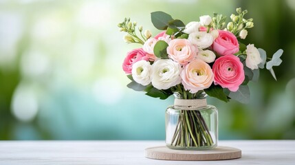 Obraz premium Beautiful Floral Arrangement in Glass Jar with Pink and White Ranunculus on Soft Green Background for Home Decor and Event Decoration Ideas