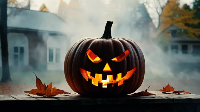 Eerie Spooky Pumpkin with Fog: A Ghostly Fall and Halloween Decoration