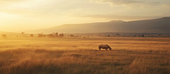 Obraz premium Solitary rhino grazing in golden savanna at sunset.