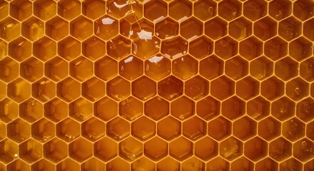 Close-Up of Honeycomb Filled with Golden Honey