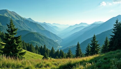 Picturesque mountain landscape  in summer with lush greenery and misty valleys under a clear blue sky