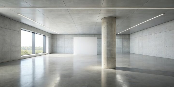 Low Polygonal Concrete Floor with White Walls and Rectangular Column, architectural feature, white walls
