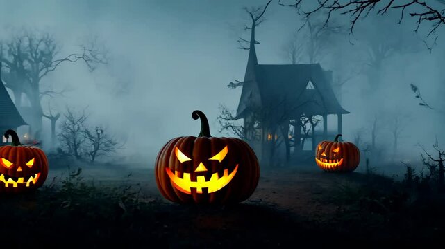 Spooky Halloween Background with Evil Pumpkins and Haunted House in a Dark Forest