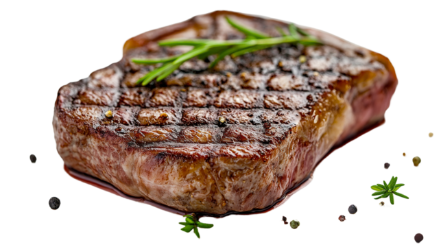 Grilled steak with perfect sear marks, juicy and delicious, fine dining concept, isolated on a white background