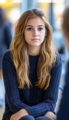 Serious, attentive young woman with long hair listens carefully in a contemporary setting.