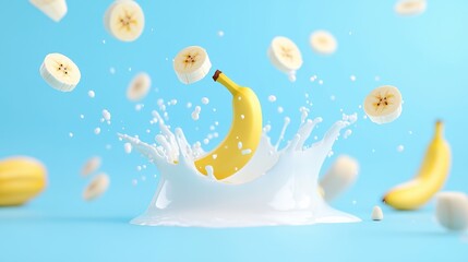 Fresh Banana Chunks Splashing in Milk on Blue Background with Slices in Motion Creating a Vibrant and Fun Food Scene for Creative Projects