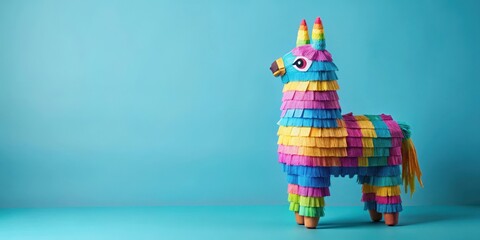 Naklejka premium Colorful Llama Pi?ata on Light Blue Background , celebratory, joyful, celebratory, joyful, vibrant, lively scene