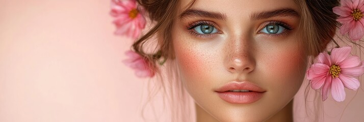 Naklejka premium Beautiful young woman with blue eyes and flowers in hair posing against a pastel background