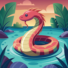 Obraz premium Cartoon snake swimming in the sea with a playful, colorful design