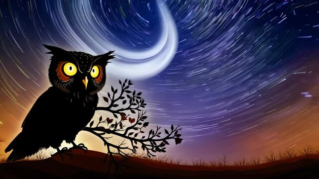 Spooky Owl and Stars Display: Enchanting Time-Lapse Animation Background for Autumn Celebrations