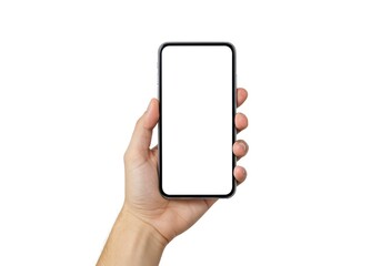Hand Holding Smartphone with Blank White Screen Isolated on Clean White Background for Mockup Design