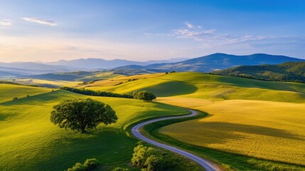Naklejka premium Scenic Aerial View of Lush Green Hills with Rolling Landscape and Curved Road Under Clear Blue Sky in Bright Sunlight during Golden Hour