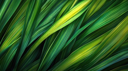 A macro shot of vibrant green grass blades with glistening dew, glowing in the gentle light of the early morning sun