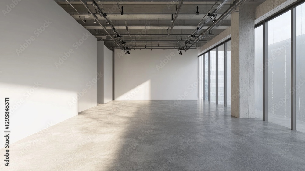 Poster a spacious room features smooth cement walls and an expansive floor, illuminated by sunlight streami
