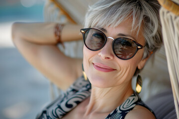 Close-up portrait of beautiful smiling mature woman in sunglasses, sunbathing her faces under the sun on summer  beach